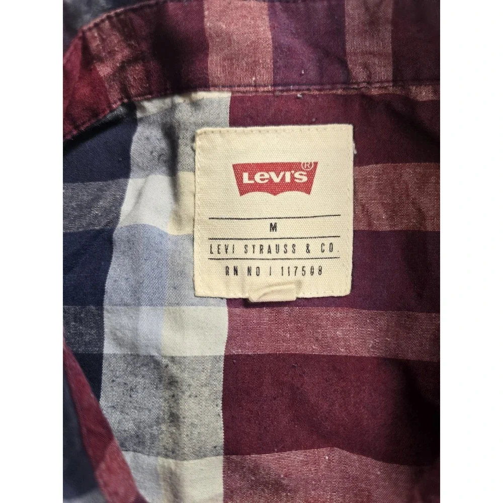 Levi's Shirt Mens Medium Red Blue Plaid Western Pearl Snap Long Sleeve Casual